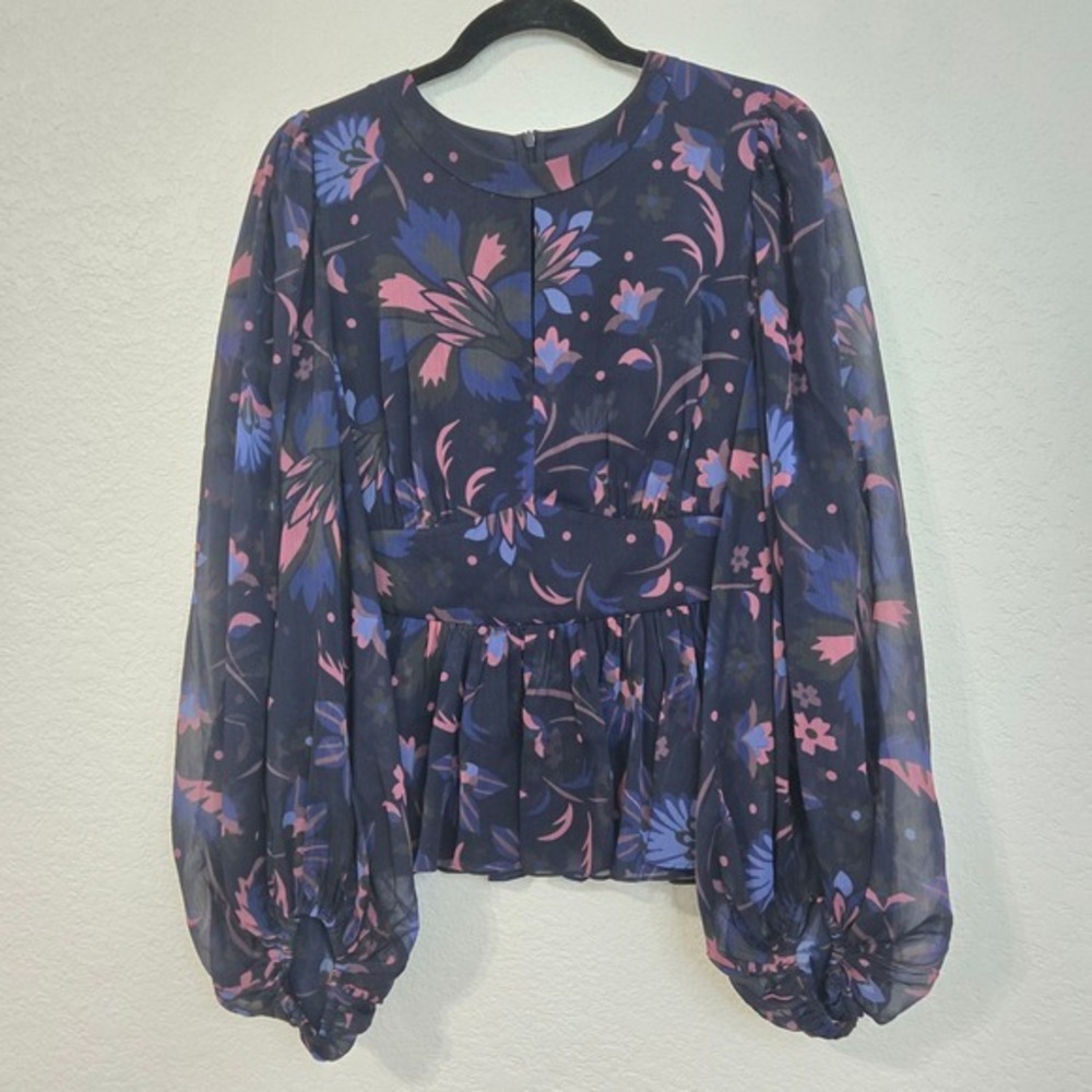 Ted Baker 5 Stephanie Floral Print Blouse Long‎ Sleeve keyhole blue Top Size 5